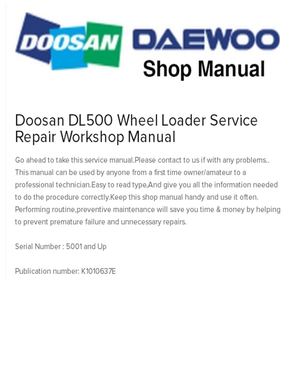 Doosan Dl500 Wheel Loader Service Repair Workshop Manual