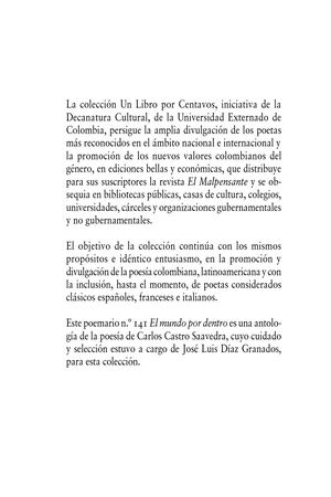 El Mundo Por Dentro. Carlos Castro Saavedra. Poemario. No. 141, Dic. 2017