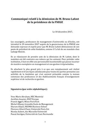 Communiqué Démission Bruno Lafont - FNEGE