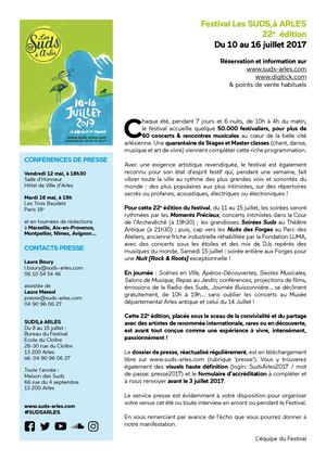 Dossier de Presse Festival Les Suds, à Arles 2017