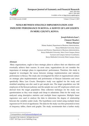 NEXUS BETWEEN STRATEGY IMPLEMENTATION AND  INDUSTRY PERFOMANCE IN KENYA: A SURVEY OF LAW COURTS IN MERU COUNTY, KENYA