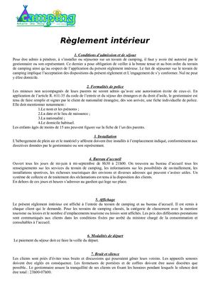 Reglement Interieur Camping