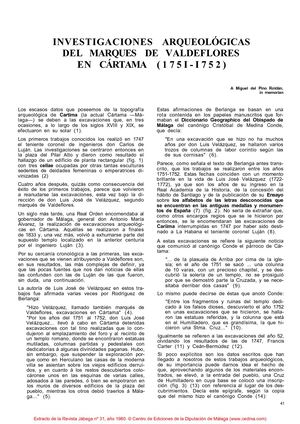 P. RODRIGUEZ OLIVA, "Investigaciones arqueológicas del Marqués de Valdeflores en Cártama (1751-1752)", Jábega, 31, pp. 41-46.