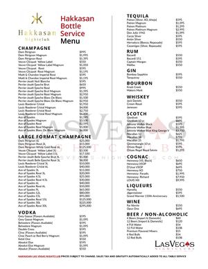 Hakkasan Bottle Service Menu Prices for Champagne & Liquor