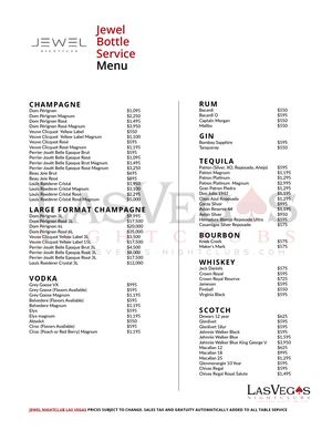 Jewel Bottle Service Menu Prices for Champagne & Liquor