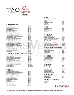Tao Bottle Service Menu Prices for Champagne & Liquor