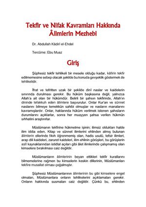 Tekfir Ve Nifak Kavramları Hakkında Âlimlerin Mezhebi