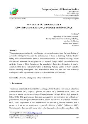 ADVERSITY INTELLIGENCE AS A  CONTRIBUTING FACTOR OF TUTOR’S PERFORMANCE