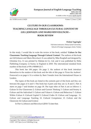 CULTURE IN OUR CLASSROOMS:  TEACHING LANGUAGE THROUGH CULTURAL CONTENT BY  GILL JOHNSON AND MARIO RINVOLUNCRI –  BOOK REVIEW