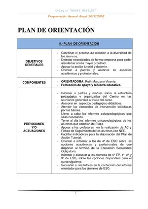 Plan De Orientación 2017 2018 Colegio Madre Matilde Plasencia