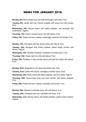 Menu For January