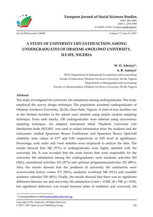 A STUDY OF UNIVERSITY LIFE SATISFACTION AMONG UNDERGRADUATES OF OBAFEMI AWOLOWO UNIVERSITY,  ILE-IFE, NIGERIA
