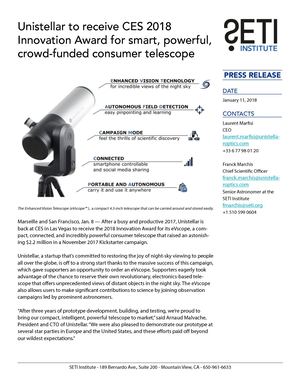 Unistellar to receive CES 2018  Innovation Award for smart, powerful, crowd-funded consumer telescope