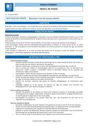 Profil De Poste Éducatrice de jeunes enfants Janvier 2018