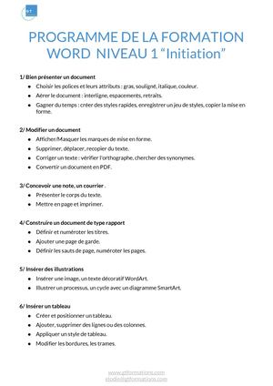 PROGRAMME DE LA FORMATION WORD 2007 Niveau 1