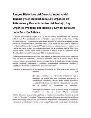Rasgos Historicos Del Derecho Adjetivo Del Trabajo Y Generalidad De La Ley Orgánica De Tribunales Y Procedimientos Del Trabajo