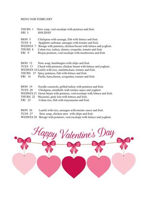 Menu For February