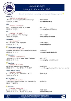 Liste des Campings Le Long Du Canal Du Midi 2018