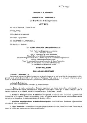 LEY 29733 LEY DE PROTECCION DE DATOS PERSONALES