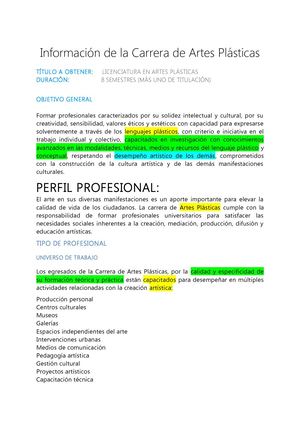 Información De La Carrera De Artes Plásticas