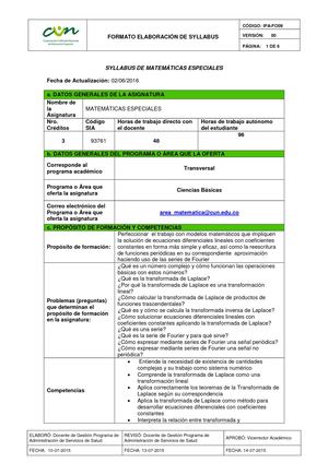 Syllabus Matematicas Especiales Presencial 2016 B