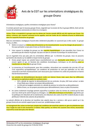 Avis De La Cgt Sur Les Orientations Stratégiques Du Groupe Orano