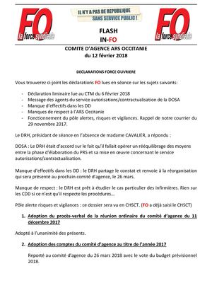 ARS Occitanie FLASH FO Comité d'agence du 12/02/18