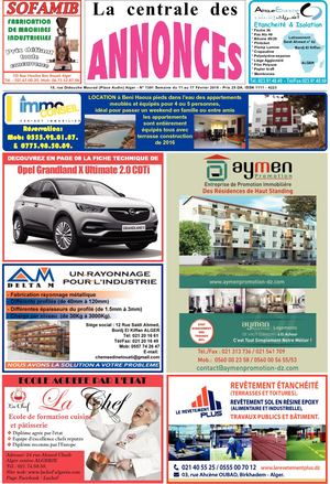 La Centrale des Annonces   N° 1391 Semaine du 11 au 17 Février 2018 - Prix 25 DA. ISSN 1111 - 4223