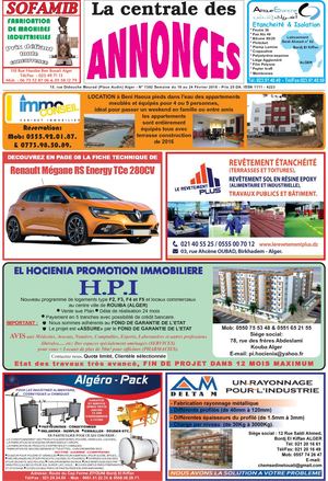La Centrale des Annonces    N° 1392 Semaine du 18 au 24 Février 2018 - Prix 25 DA. ISSN 1111 - 4223