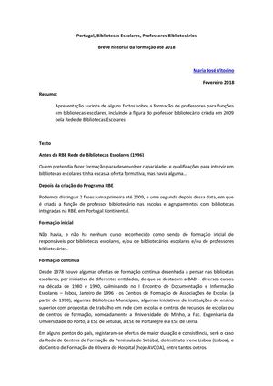 Portugal, até 2018 Bibliotecas Escolares - Professores Bibliotecários - Breve historial da formação
