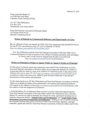 Notice Of Default to MSTofA and RV Bey Publications
