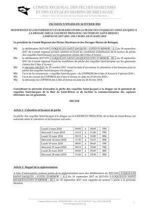 Calendrier et horaires - Pêche à La Coquille Saint Jacques Mars 2018