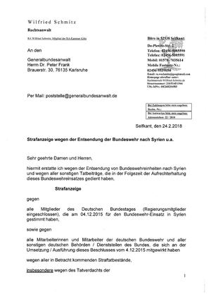 Strafanzeige wegen Entsendung der Bundeswhr nach Syrien etc.