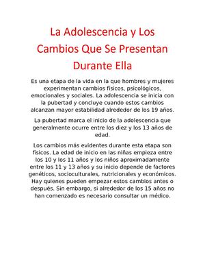 La Adolescencia Y Los Cambios Que Se Presentan Durante Ella