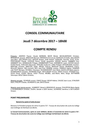 Conseil Communautaire Du 7 Décembre 2017