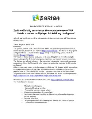 Zariba officially announces the recent release of VIP Hearts – online multiplayer trick-taking card game!
