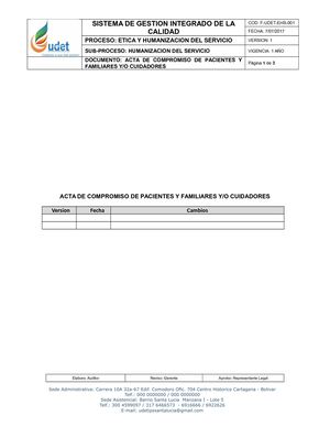 Acta De Compromiso De Pacientes Y Familiares Udet