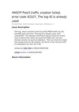 Hmstp Pwe3 Traffic Creation Failed, Error Code 42327, The Tag Id Is Already Used