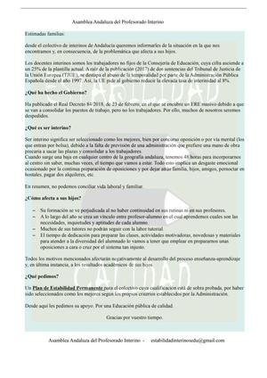 Carta del profesorado interino dirigida a las familias