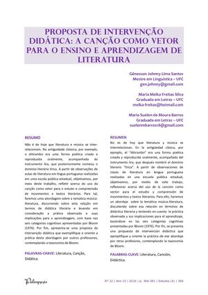 [Palimpsesto] Proposta De Intervenção Didática, A Canção Como Vetor Para O Ensino E Aprendizagem De Literatura