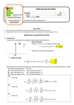 Nota De Aula Física Queda Livre E Lançamento Vertical