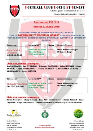 Convocation U11 Samedi 31 03 2018