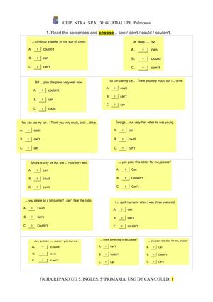 Ficha Refuerzo Inglés 5º Primaria Ud5 Can Could
