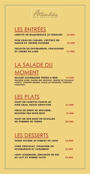 Menu Restaurant Hôtel Center Brest