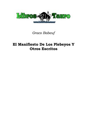 Babeuf, Graco - Manifiesto De Los Plebeyos Y Otros Escritos