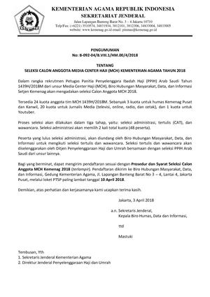 Pengumuman Seleksi Calon Anggota MCH 1439H-2018M