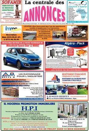 La Centrale des Annonces    N° 1394 Semaine du 04 au 10 Mars 2018 - Prix 25 DA. ISSN 1111 - 4223