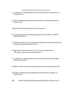 Problemas Sobre Ecuaciones De Segundo Grado