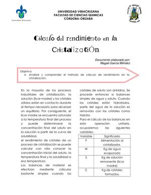 Calculo del rendimiento en la cristalización