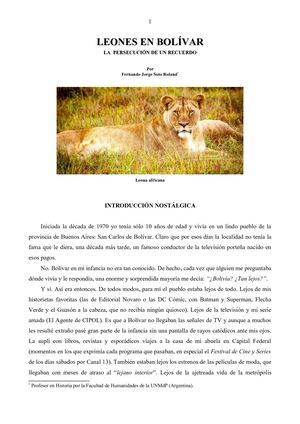LEONES EN BOLÍVAR  LA  PERSECUCIÓN DE UN RECUERDO